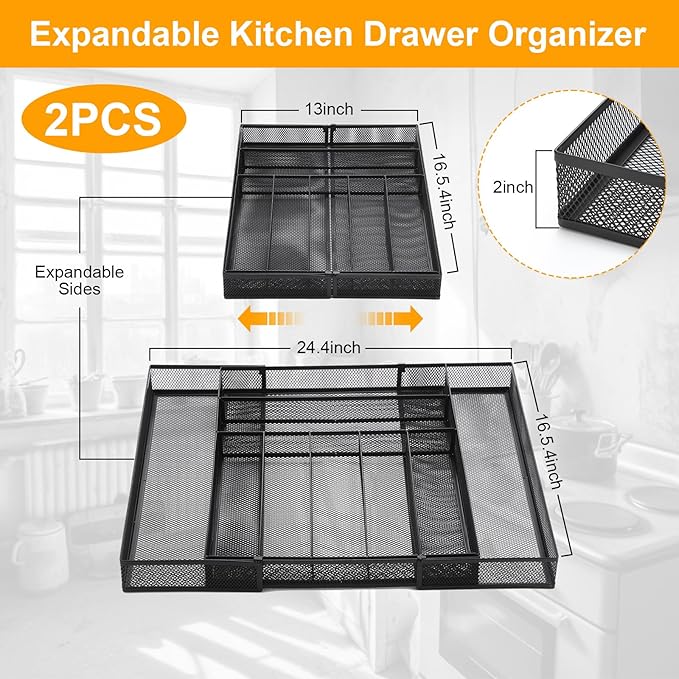 2 Pcs Utensil Drawer Silverware Organizer, Metal Mesh Expandable 13" ~24" Kitchen Drawer Organizer, 7-9 Slots Cutlery Tray Dividers for Kitchen Flatware Christmas Housewarming Gift (Black)