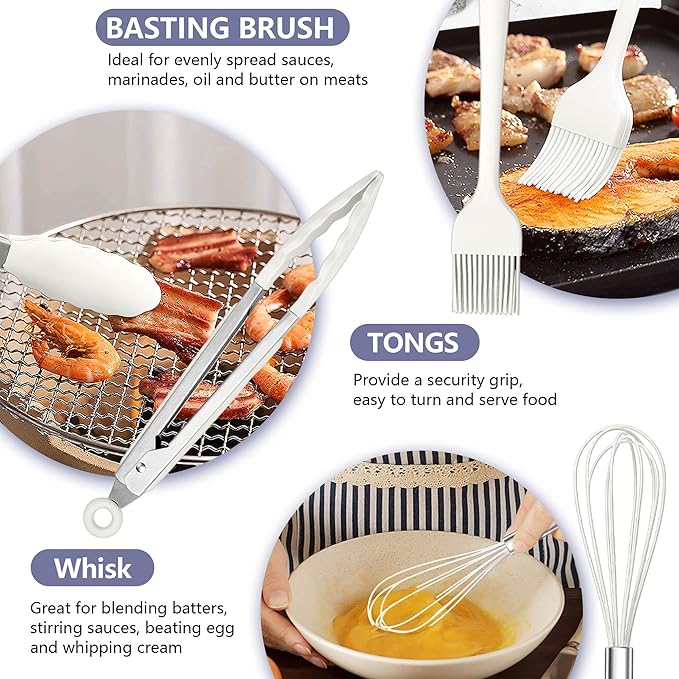 TeamFar Cooking Utensils Set, 14 PCS Silicone Kitchen Utensils with Stainless Steel Handle, Soup Ladle Spatula Spoon Turner for Nonstick Cookware, Healthy & Heatproof, Nonstick & Easy Clean, White
