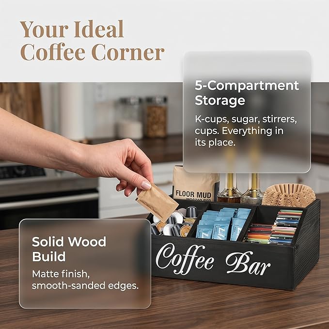 Wooden Coffee Bar Organizer, Farmhouse Counter Coffee Station Accessories Organizer, Rustic Decor Natural Solid Wood, 5 Compartment Design, Large Space Storage