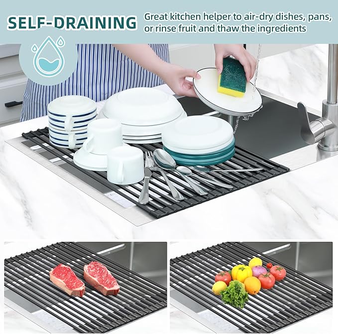 Ohuhu Over The Sink Dish Drying Rack, 20.5" W x 13.1" L Rolling Dish Drainer Foldable Sink Accessories Heat-Resistant Mat Anti-Slip Silicone Coated Dish Racks for Kitchen Counter
