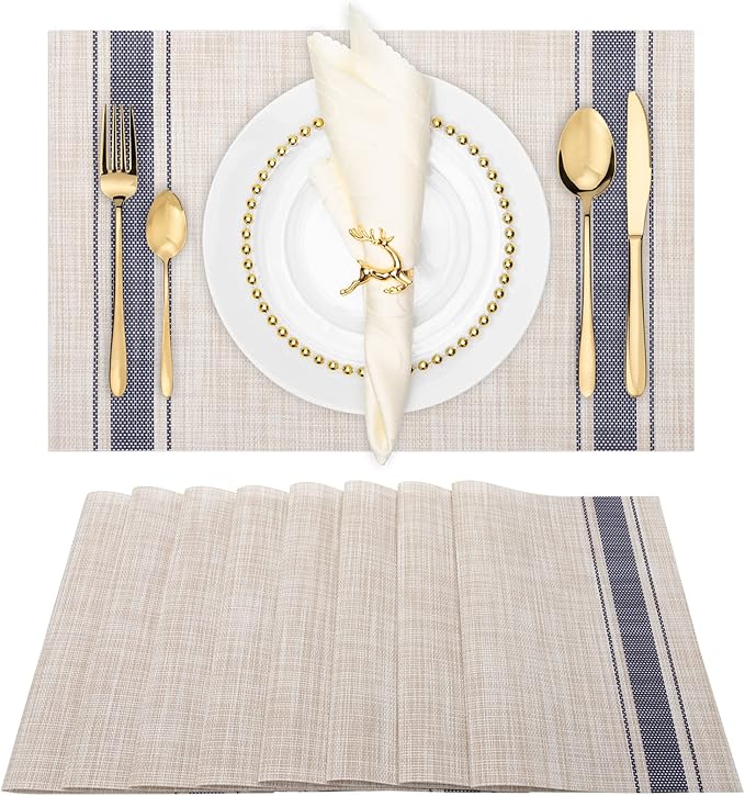 Winknowl Placemats Set of 8, Heat Resistant Non-Slip Vinyl Woven Table Mats for Dining Table, Washable Durable Elegant Place Mats for Kitchen Indoor/Outdoor Use (Beige Blue)