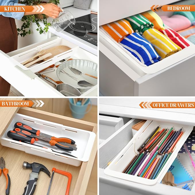 2 Pack Deep Drawer Organizer Bins, Sliding Drawer Organizer Bin Expandable and Adjustable Tray for Kitchen Utensils, BBQ Tools, Towels, Durable Plastic Sliding for Easy Storage(12.4-17.7")