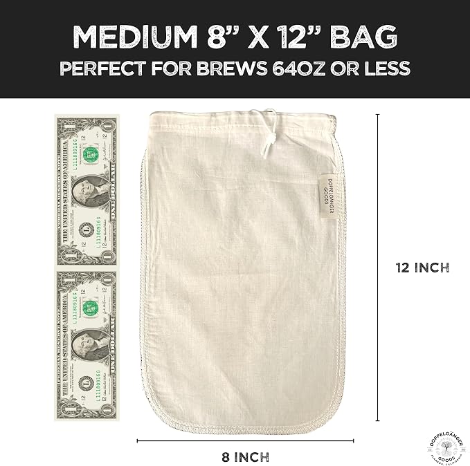 (1-Pack, Medium 8in x 12in) Organic Cotton Cold Brew Coffee Bag - Designed in California - Reusable Coffee Filter with EasyOpen Drawstring Cold Brew Maker for Pitchers, Mason Jars, & Toddy Systems