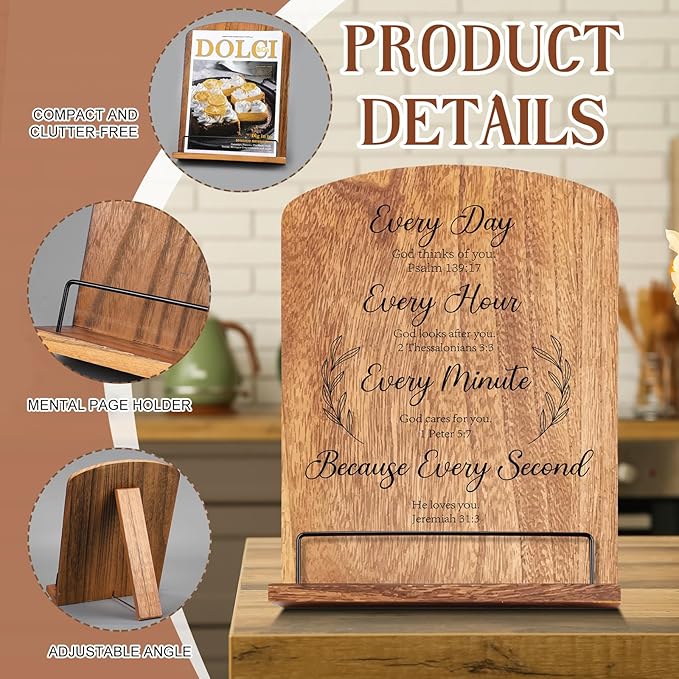 FoldTier Bible Verse Cookbook Stand for Kitchen Counter Adjustable Recipe Book Holder Wood Tablet Stand Foldable Cookbook Holder Kitchen Decoration for Wedding Mother Grandma Women Gift