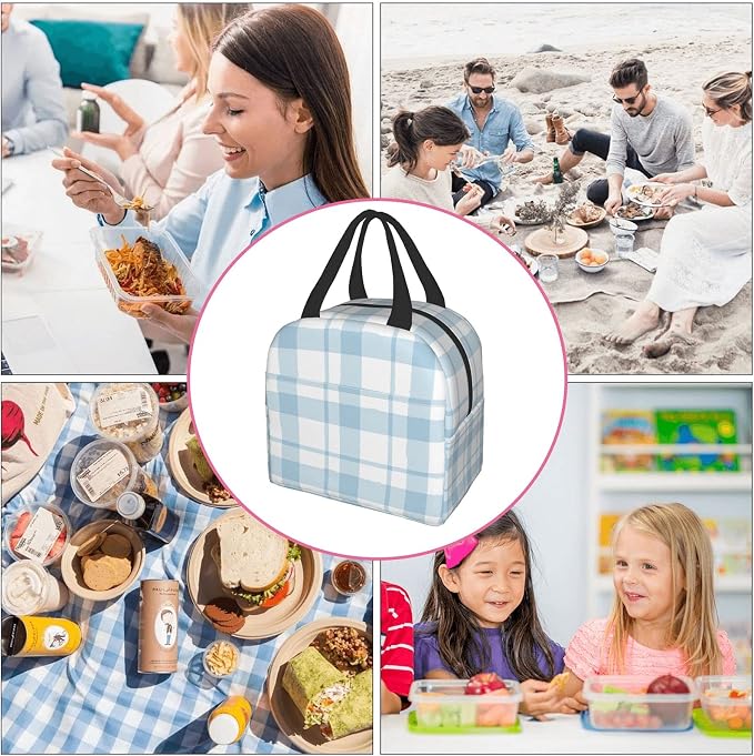 Lunch Bag Plaid Blue Check Insulated Lunch Box Cooler Tote for Adults Kid Girl Women Work Office School Picnic Beach Reusable Lunchbox Over 3 Years Old