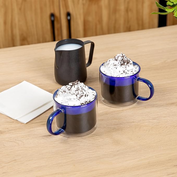 Restaurantware Coffee Cups 2 Pack of 11 oz Double Wall Glass Insulated Coffee Cup Borosilicate Mug Thermal Shock Resistant Handle Modern Design