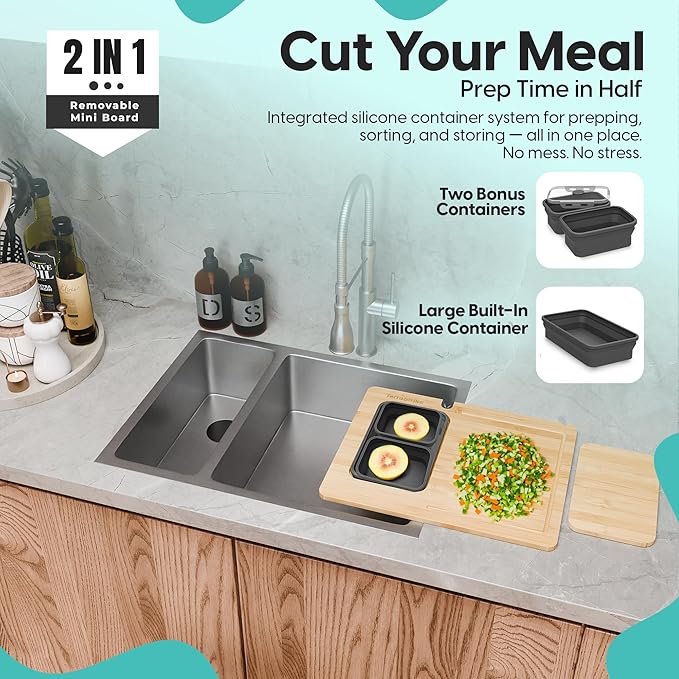 Bamboo Cutting Board Set with Knife Sharpener – Thick Wood Boards with Juice Groove, Silicone Container & Handles Non-Toxic Over Sink Design Ideal Kitchen Gifts