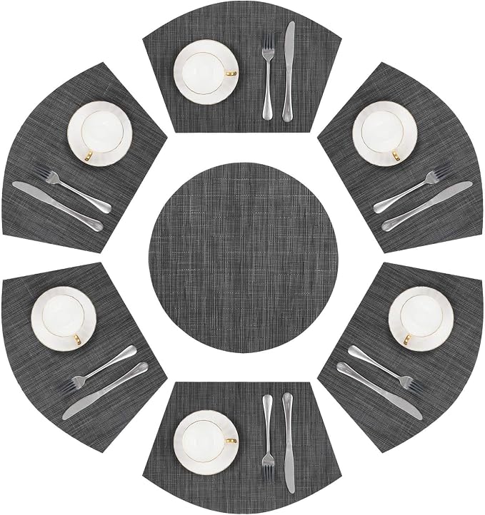 SHACOS Round Table Placemats Set of 7 Wedge Shaped Place Mat with Centerpiece Round Mat Heat Resistant Table Mats Washable (7, Black Gray)