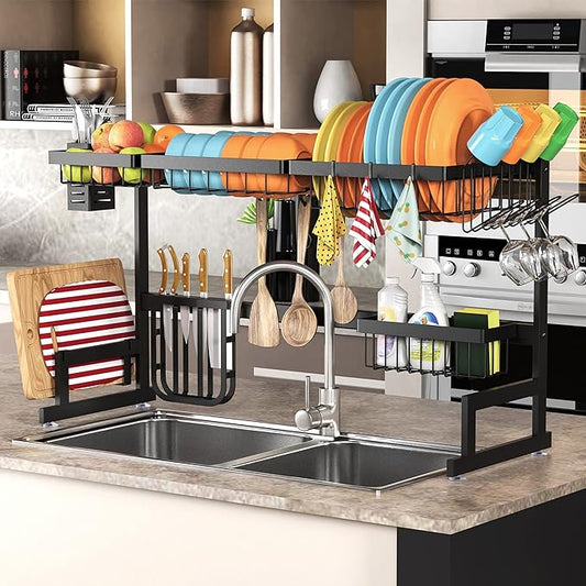 PUSDON Over the Sink Dish Drying Rack, 2 Tier Adjustable Large Capacity Stainless Steel Dish Rack for Kitchen Counter, Heavy Duty Space Saver Organizer with Utensil Holder, Black