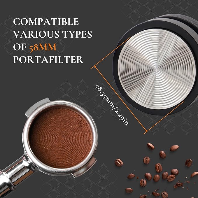 Vandroop 58.35mm Calibrated Espresso Tamper Self-Leveling & Constant Pressure - 304 Stainless Steel Base & Solid Walnut & Aluminum Body - Coffee Tamper Fits 58mm Portafilter for Baristas and Home Use