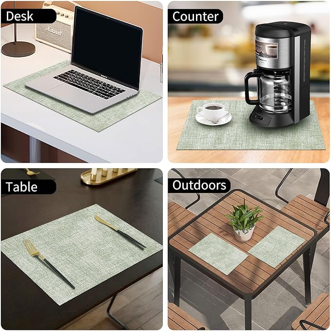 homing Faux Leather Heat Resistant Placemats 6 Packs, Waterproof Wipeable Dining PU Place Mats for Indoor & Outdoor, Easy to Clean, Light Green