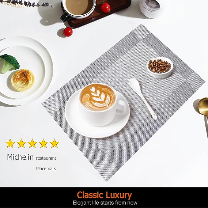 Placemats Set of 12 Washable&Wipeable Silver Place mats for Dining Table Kitchen Indoor Outdoor Table Mats Heat Resistant Non Slip Woven Vinyl Table Placemats (Grey，12PCS)