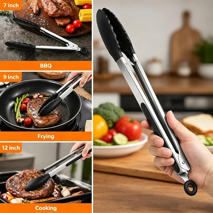 9 Piece Kitchen Tongs with Silicone Tips, 7,9,12 inch Stainless Steel Tongs for Cooking, Heat Resistant Cooking Tong, Non Stick Locking Silicone Tong for BBQ Salad Grill Frying Serving, Black