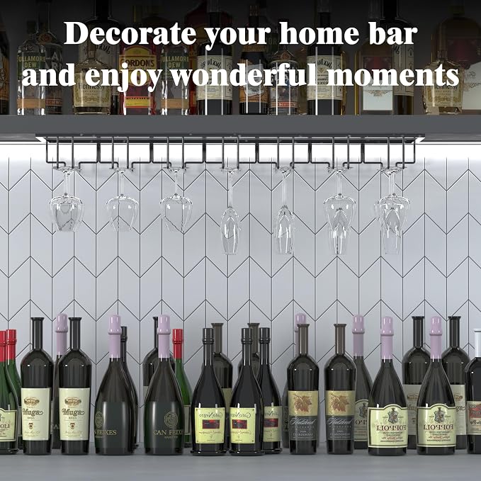7-Row Stemware Rack - Under Cabinet Wine Glass Holder - Black Metal Hanging Shelf for Kitchen and Bar - Holds Up to 22 Glasses