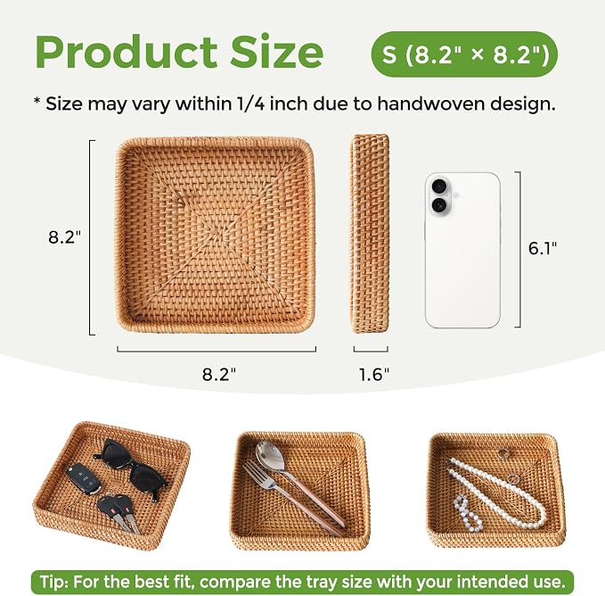 Rattan Serving Tray, Square Woven Storage Basket, Wicker Baskets for Organizing, Natural Wicker Decorative Serving Baskets for Organizing Tabletop Bathroom Kitchen Counter Square