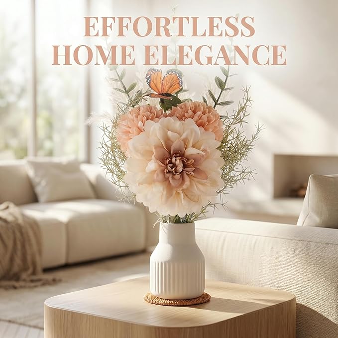 Small Fake Flowers in Vase 14" Centerpiece Table Decorations Silk Flowers Arrangements Ceramic Vase Dahlia Chrysanthemum Artificial Flowers Bouquet for Bathroom Dining Room Kitchen Wedding (White)