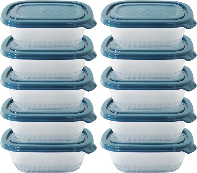 Neez 17OZ Small Freezer Storage Containers (2 Cups) - Plastic Food Storage Containers with Lids - Ideal For Snacks & Meal Prep - BPA Free, Reusable, Microwavable & Dishwasher Safe (10PCS - Blue Lids)