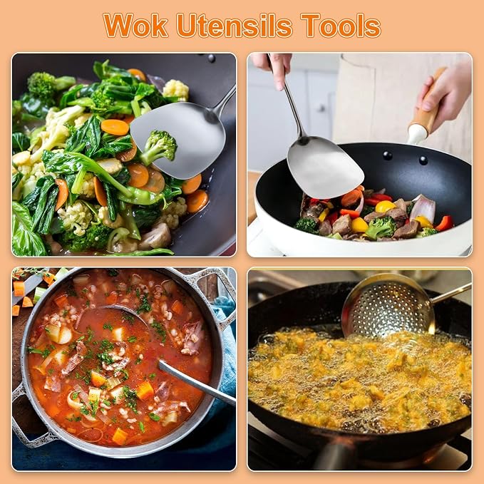 FJNATINH 304 Stainless Steel Kitchen Utensil Sets-6 PCS Wok Spatula Sets Cooking Utensil Tools Spatula, Soup Ladle, Skimmer, Slotted Spatulas Tunner, Spaghetti Spoon