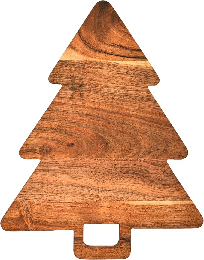 Treen Art Wooden Christmas Tree Cutting Board for Kitchen Decor, 14"L x 11"W Tree Shaped Acacia Wood Chopping Board with Handle, Serving Charcuterie Platter