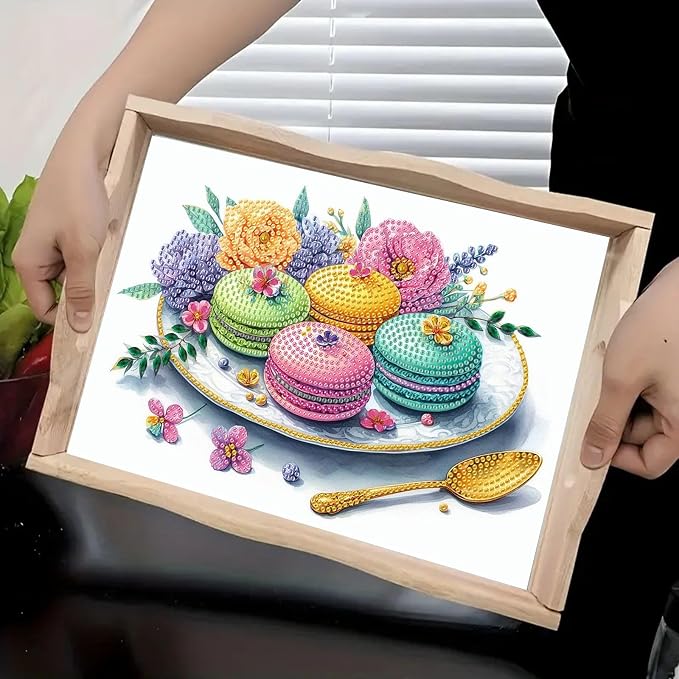 DIY Diamond Serving Tray Rectangular Wooden Breakfast Tray with Handle Handmade Diamond Art Painting Spring Creative Dinner Plate Coffee Room Living Home Organizer-Macarons