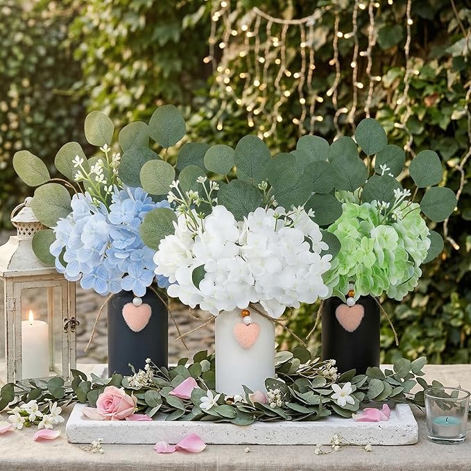Artificial Hydrangea Flowers in Mason Jar Vase, Set of 3 Faux Hydrangea and Eucalyptus Arrangements, Pre-Arranged Farmhouse Table Centerpieces for Kitchen, Dining Room, Office Decor