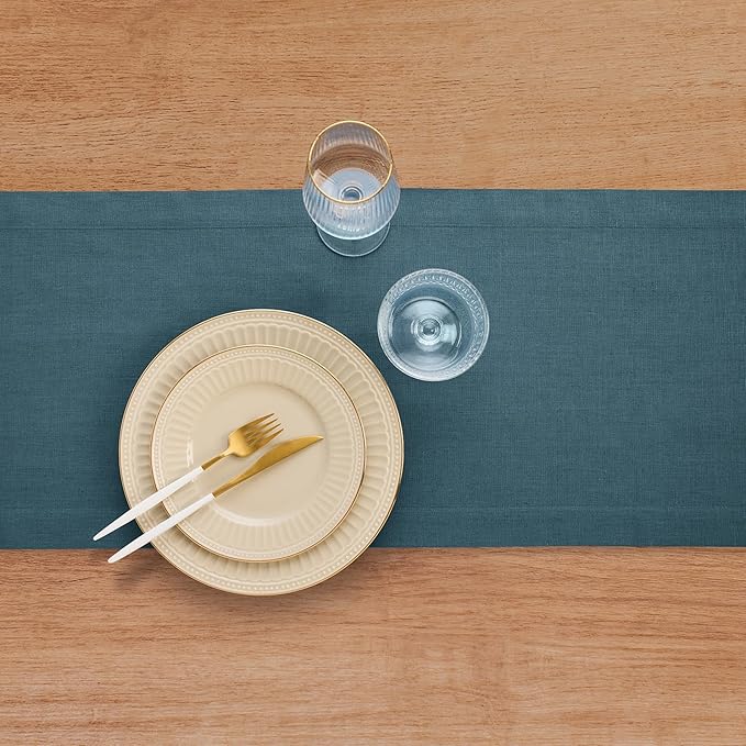 Solino Home Peacock Blue Table Runner 48 Inches - 100% Pure Linen Short Table Runner 14 x 48 Inch Ideal for Dresser and Coffee Tables - Fete