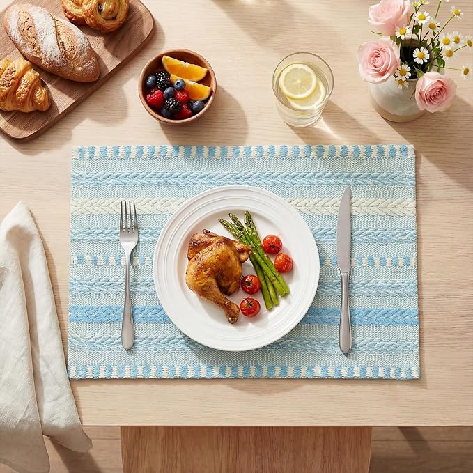 Artoid Mode Sky Blue Farmhouse Woven Braided Stripe Placemats Set of 6,12x18 Inch Seasonal Holiday Table Mats Party Kitchen Dining Decoration