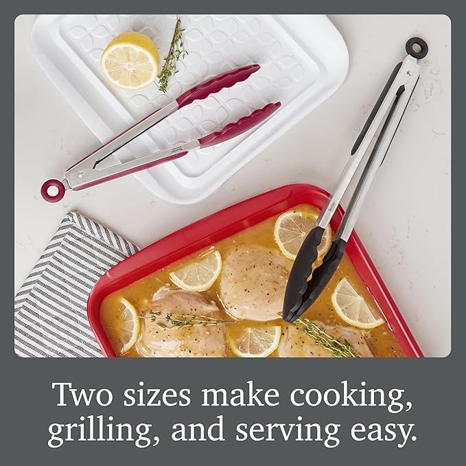 Tovolo Stainless Steel Tongs with Silicone Tip Set 9" 12" with Easy Lock Mechanism for Grilling Air Fryer Cooking Serving Salad, Heat Resistant Silicone Tipped Kitchen Tongs Sangria Red Black
