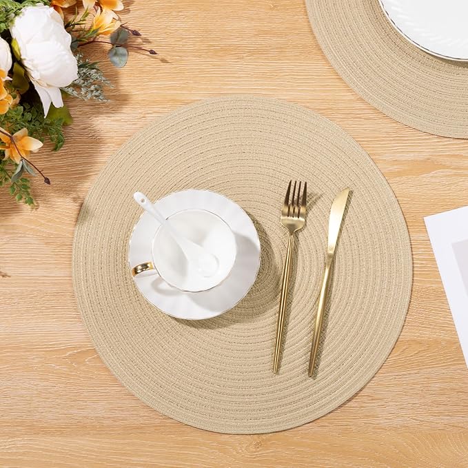 SHACOS 15 inch Round Braided Placemats Set of 4 Cotton Polyester Place Mats Washable Kitchen Dining Table Mats for Dinner Party Table Decor (Light Beige, 4)