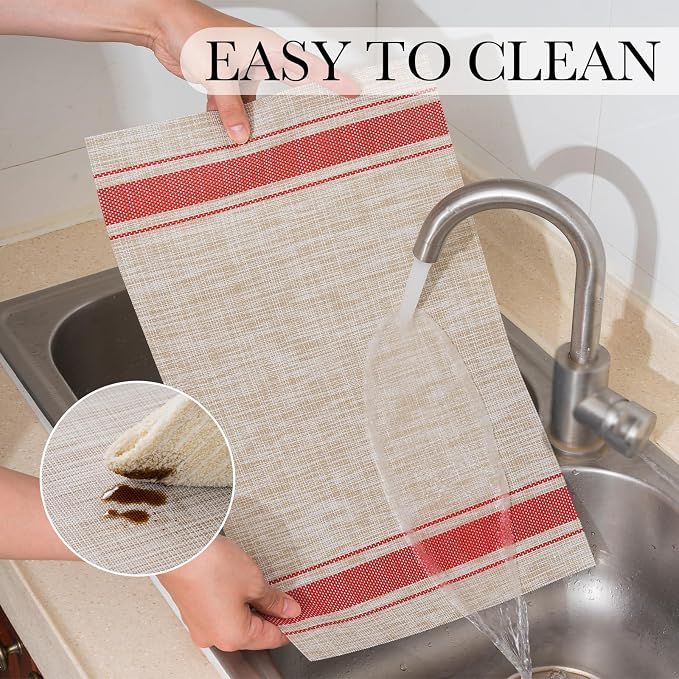 BACKTOEDEN Placemats Set of 8 Heat Resistant Washable Wipeable Placemat Woven Non-Slip Foldable Vinyl/Plastic Place Mats Indoor/Outdoor Mat Kitchen Dining Table Pad, Red Skyline