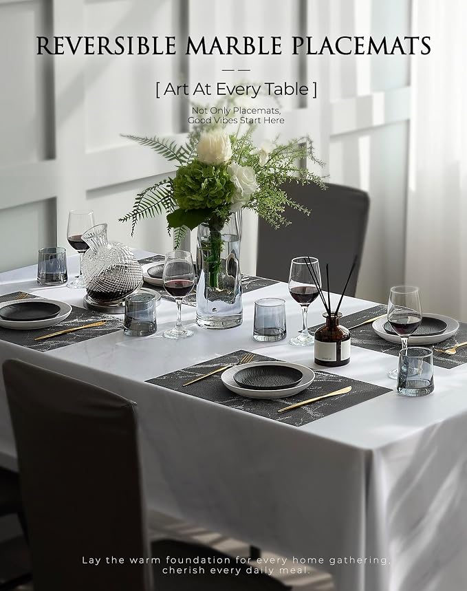 Leetaltree Reversible Marble Placemats Set of 4 - Ships Flat and Stays Flat, Durable Washable Vinyl PVC Placemats, Heat Resistant, Easy Wipe Clean (Black Marble Pattern)