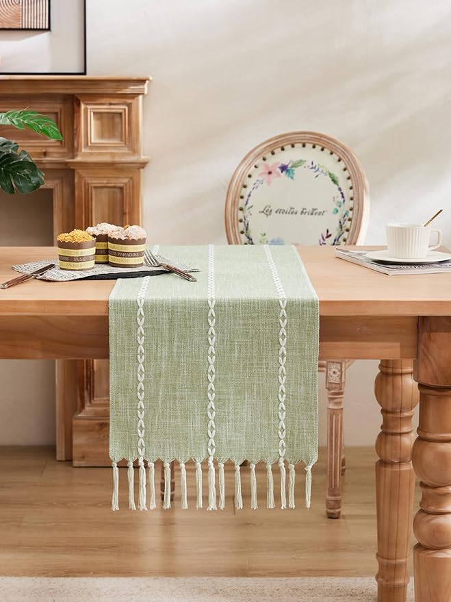 Braided Farmhouse Table Runner,Braided Sage Green 13x108 Inch, Cotton Linen Table Runners 108 Inches Long, Embroidered Striped Sage Green Boho Table Runner Rustic Home Decor