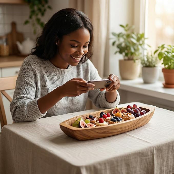 Handcrafted Boat-Shaped Solid Wood Serving Tray (11.6 x 4.5 x 2.2 inches) – Decorative Wooden Appetizer Platter for Home Parties, Game Nights, Snacks, and Desserts – Natural Wooden Boat