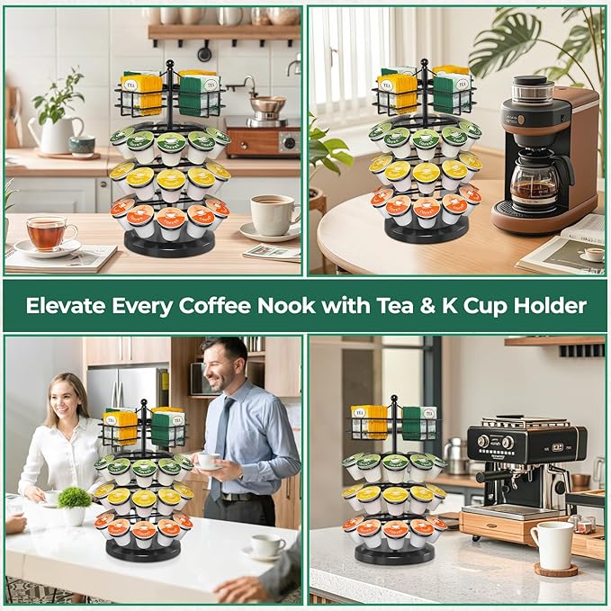 EsLuker.ly K Cup Holder Coffee Pod Organizer Carousel for Countertop, Rotatable Metal 4-Tier Storage Rack Stand for 30 K Cups & Tea Bags, Convenience Meets Elegance