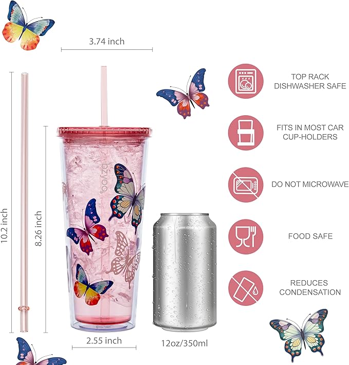 bzyoo Double Wall Tumbler with Straw and Lid Bottle Cold Drink Travel Mug Cup, 24oz (Butterfly Pink)