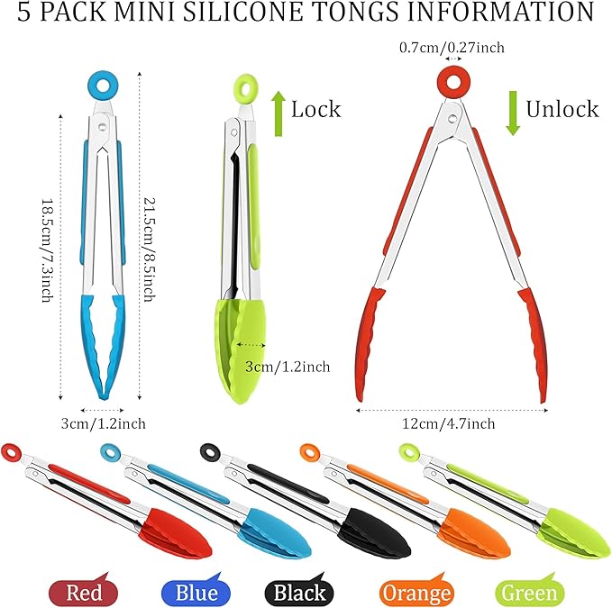 Mudder 5 Pack Mini Kitchen Tongs 7 Inch Silicone Tongs for Cooking Serving BBQ, Small Stainless Steel Food Tong with Silicone Tips for Salad, Bread, Buffet, Party & Kitchen Use(Multi)