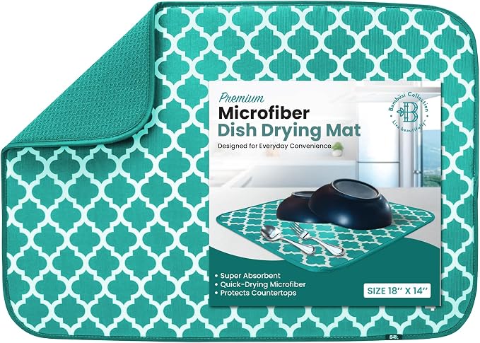 Dish Drying Mat for Kitchen Counter - 18 x 14 Inch Large Super Absorbent Microfiber Dish Drying Pad, Machine Washable Quick Dry Under Dish Rack Mat, Counter Protector for Dishes Pots Pans, Coffee Bar