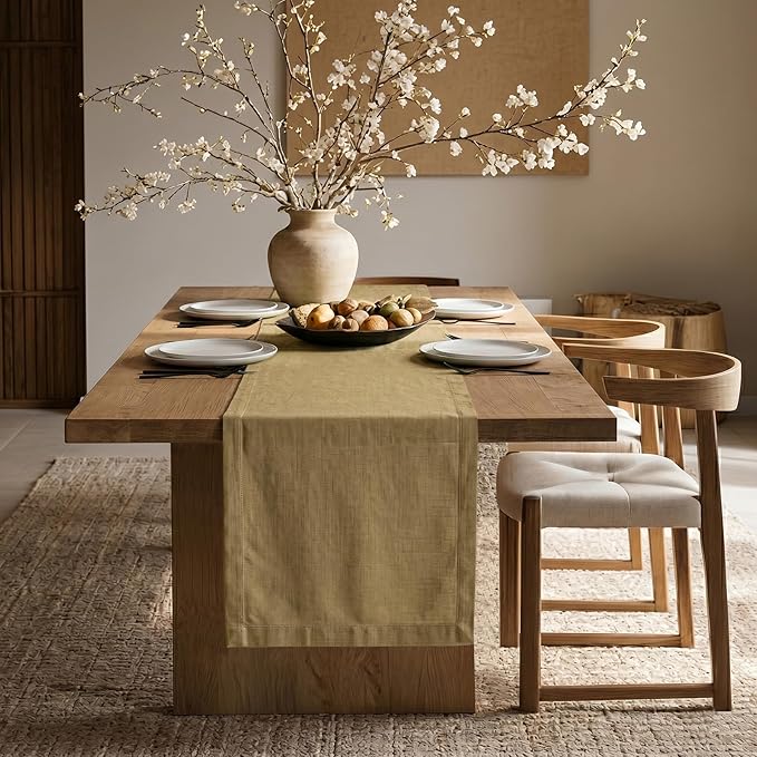 Solino Home Linen Table Runner 48 Inches - 100% Pure Linen Kelp Table Runner 14 x 48 Inch Ideal for Dresser and Coffee Tables, Spring, Summer - Diana Medium Weight