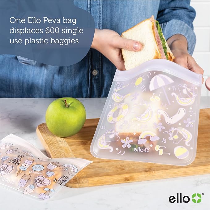 Ello 4 Pack Reusable Food Storage Bags, Resealable BPA-Free, Food-Safe PEVA, Feezer Safe and Leak-Proof