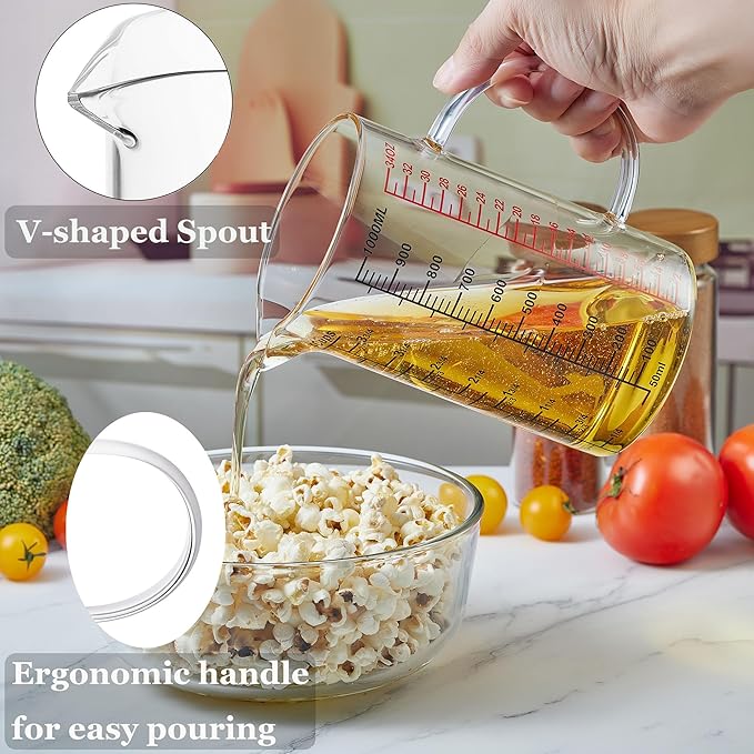 Ackers BORO3.3 Glass Measuring Cup-[Insulated handle | V-Shaped Spout]-Made of High Borosilicate Glass Measuring Cup for Kitchen or Restaurant, Easy to Read, 1000 ML (32 Oz, 4 Cup)