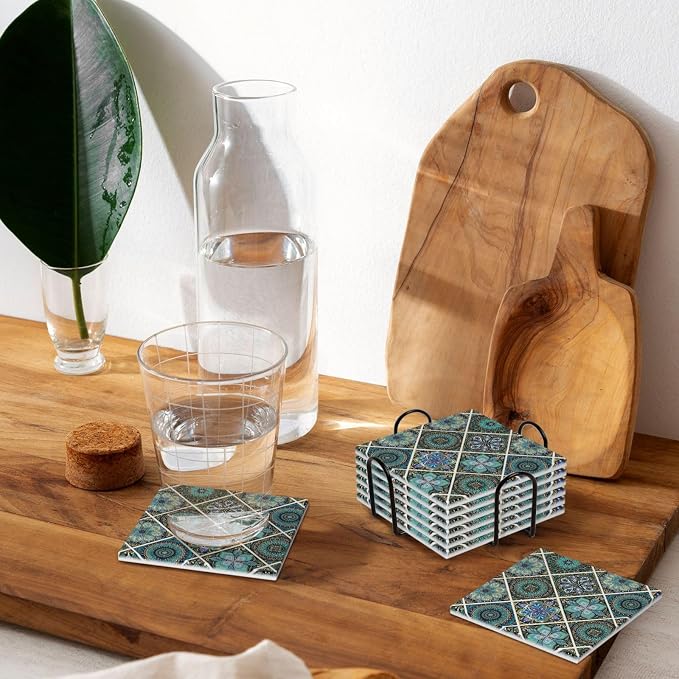 Blue Teal/Turquoise Mexican Tile Square Ceramic Coasters Set of 6 Pack, Green Bohemia Mandala Art Tiles Stone Drink Coaster with Cup Holder Anti-Scratc Cork Backing Bar Kitchen Home Housewarming Gift