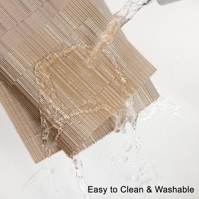 Placemats Set of 4, Vinyl Woven Place Mats Indoor Set of 4 Washable Wipeable PVC Table Mats Heat-Resistant Non Slip Plastic Placemat for Kitchen Dining Outdoor Table (Gray Gold, Set of 4)