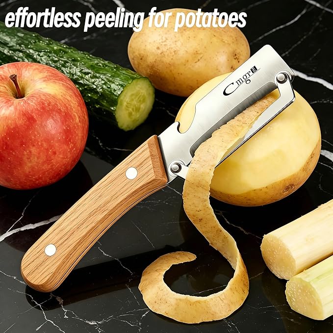 Multifunctional Vegetable Peeler, Stainless Steel Wooden Handle 2 in 1 with Bottle Opener for Kitchen Fruit Potato Apple Carrot