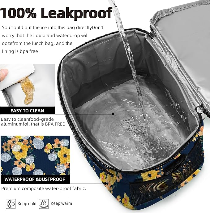 BEIMILY Lunch Box for Men/Women, Small Insulated Lunch Bag, Leak-Proof Soft Cooler Tote Bag, Reusable LunchBox for Work, Travel,Picnic with Adjustable Shoulder Strap for Adults(floral yellow)