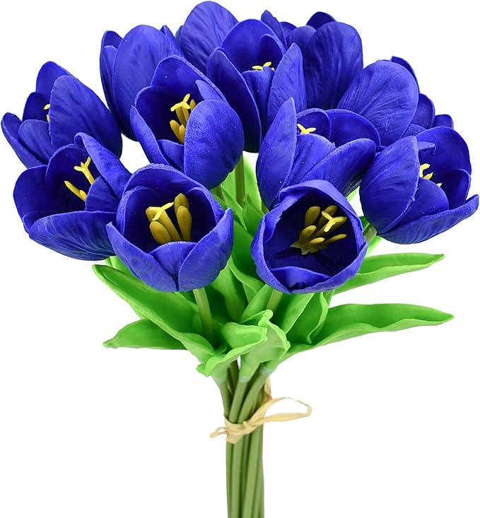 Mandy's Royal Blue Partially Open Artificial Tulips Flowers Centerpiece, 13.5" Lifelike PU Fake Floral Stems 12pcs for Kitchen Island & Dining Table, Spring Decor for Easter