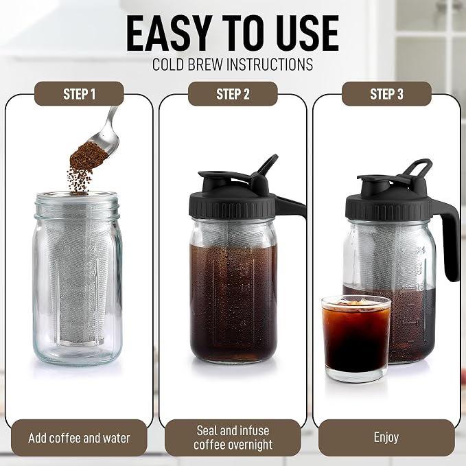Zulay Premium Cold Brew Coffee Maker - 32oz Mason Jar With Leak-Proof Lid & Extra-Thick Glass - Fine-Mesh Stainless Steel Filter For Smooth Cold Brew & Iced Tea - Black