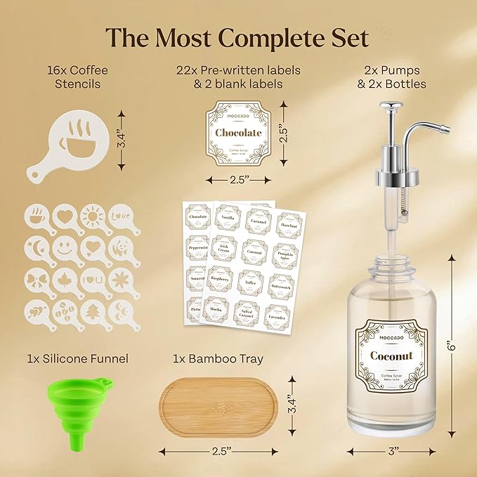 Glass Coffee Syrup Dispenser for Coffee Bar - Set of 2 Silver 500 ml / 16.9 oz Glass Syrup Bottles, Includes Bamboo Tray, 16 Stencils, Labels, Coffee Bar Accessories