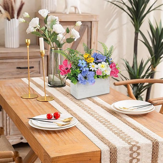Briful Table Floral Arrangement Centerpiece, Artificial Flowers in Wooden Vase, Silk Flowers for Home Decor Indoor, Spring Summer Flower Farmhouse Table Decor for Dining Table, Coffee Table, Shelf