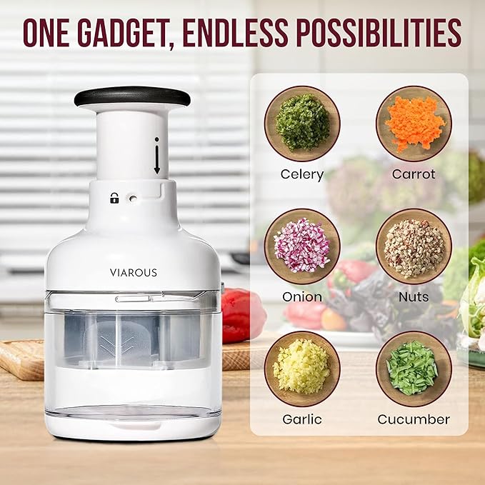 Manual Vegetable Chopper, Food Slicer, Garlic Chopper, Best for Vegetables Salads, Onion, Fruits, And Nuts. Dishwasher-safe, White, Easy to Clean