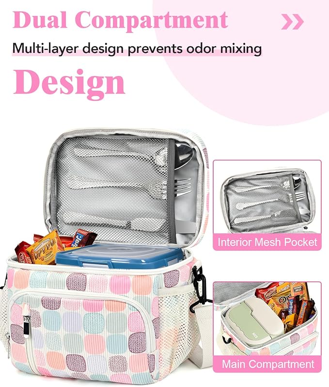 Insulated Lunch Bag for Men & Women, 9L Leakproof Lunch Box Soft Cooler Tote with 5 Pockets, 600D Oxford, EVA Lining, Adjustable Strap for Work, Picnic, Beach&Travel-Corduroy Colorful Plaid